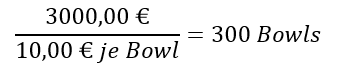Beispiel als Formel, wie erwirtschaftet ein Produkt eine bestimmte fixe Kostensumme. Z.B. 3000,00 € geteilt durch 10,00 € je Bowl = 300 Bowls